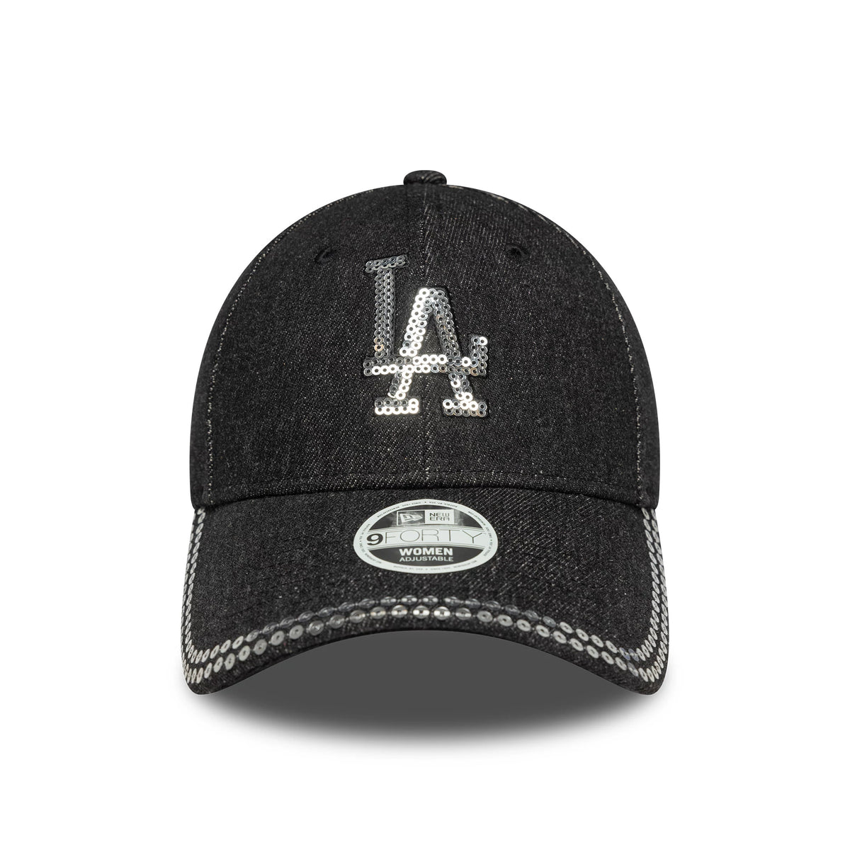 LA Dodgers Womens MLB Sequin Black New Era 9FORTY Adjustable Cap, front view showing a silver sequinned LA logo on the structured black crown, with a 9FORTY size sticker and sequin details along the curved visor edge.