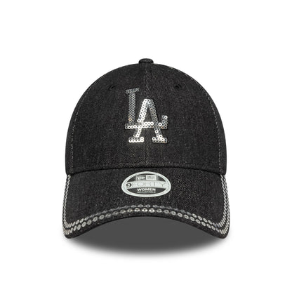LA Dodgers Womens MLB Sequin Black New Era 9FORTY Adjustable Cap, front view showing a silver sequinned LA logo on the structured black crown, with a 9FORTY size sticker and sequin details along the curved visor edge.