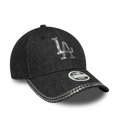 LA Dodgers Womens MLB Sequin Black New Era 9FORTY Adjustable Cap, front view with a silver sequin LA logo on the black crown and a coordinating sequin visor edge, featuring a 9FORTY size sticker on the curved black visor.