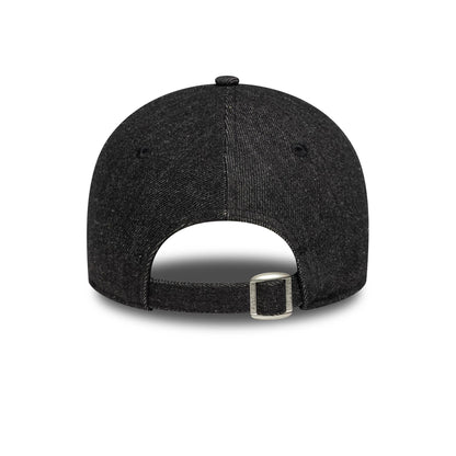 LA Dodgers Womens MLB Sequin Black New Era 9FORTY Adjustable Cap, rear view showing the absence of a back logo, with an adjustable strap featuring a buckle on the structured black crown.