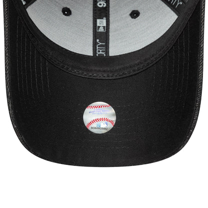 LA Dodgers Womens MLB Sequin Black New Era 9FORTY Adjustable Cap, inside view showing the black sweatband, 9FORTY label on the taping, and MLB authentication sticker on the black underside of the visor.
