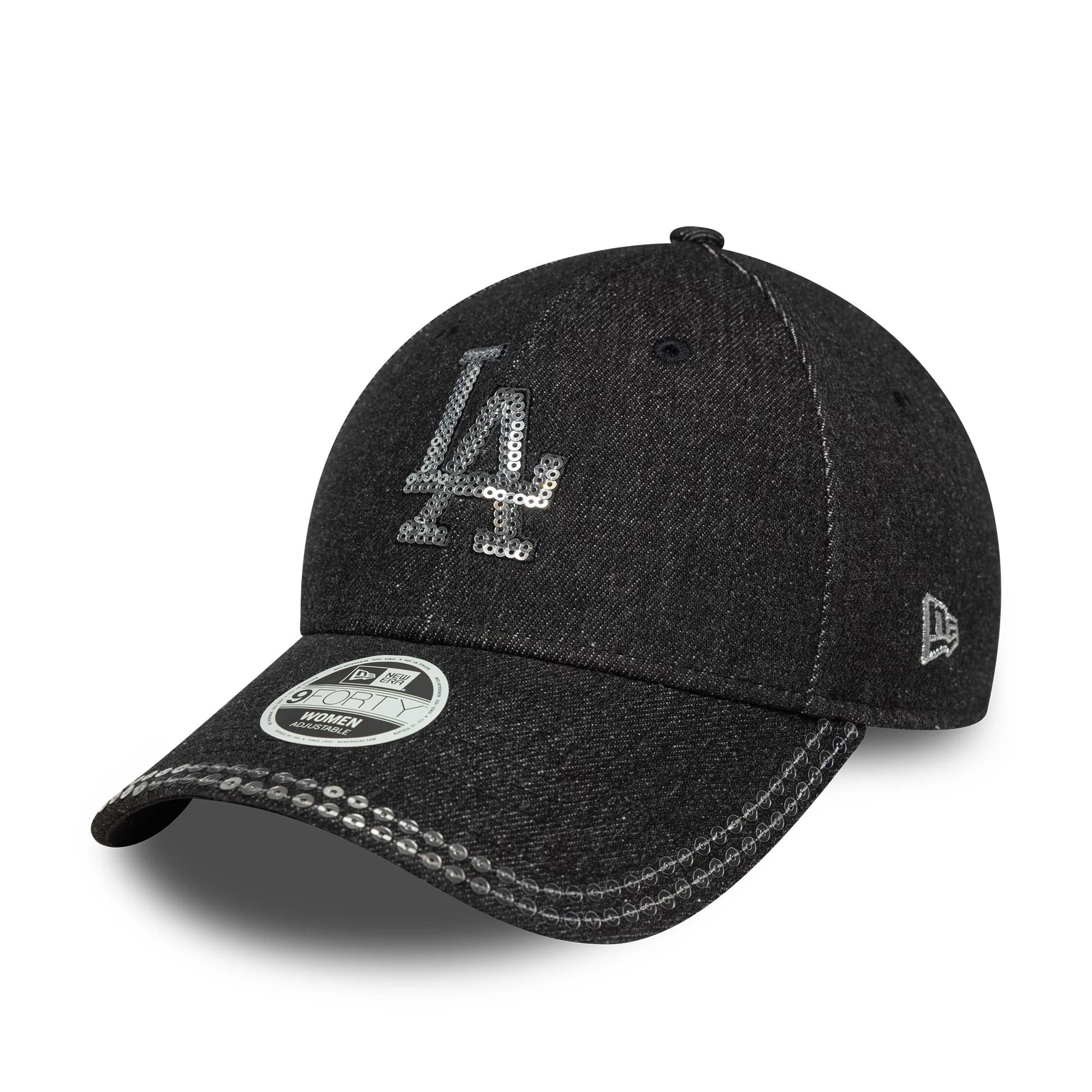 This is a LA Dodgers Womens MLB Sequin Black 9FORTY Adjustable Cap 1