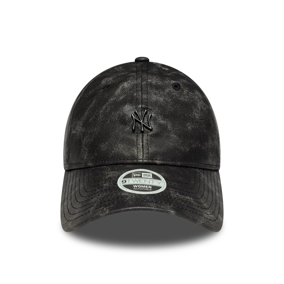 New York Yankees Womens MLB Worn PU Black New Era 9TWENTY Adjustable Cap, front view showing the black NY logo in raised embroidery on the textured black crown and the 9TWENTY size sticker on the curved visor.