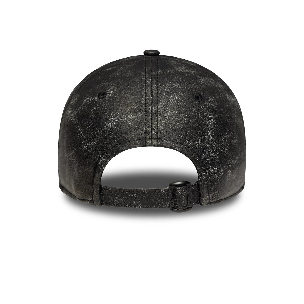 New York Yankees Womens MLB Worn PU Black New Era 9TWENTY Adjustable Cap, rear view showing the distressed black finish, black clasp on the adjustable strap, and a curved visor, with a structured crown and prominent rear opening.