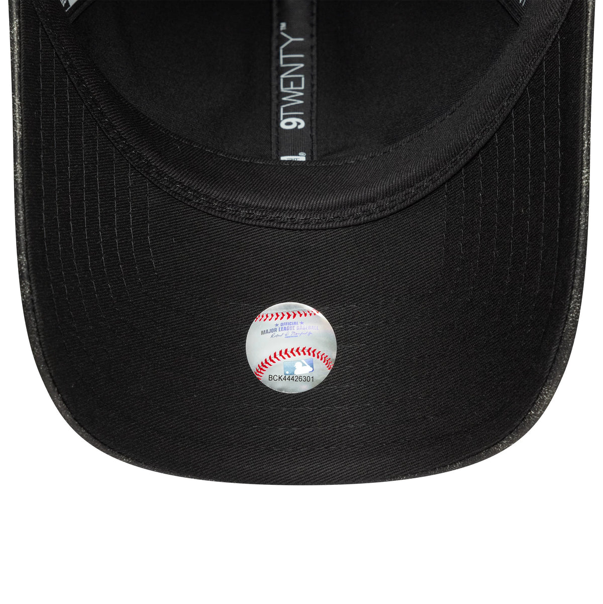 New York Yankees Womens MLB Worn PU Black New Era 9TWENTY Adjustable Cap, inside view showing the black sweatband with printed 9TWENTY taping and a small baseball sticker on the black undervisor.