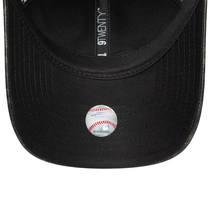 New York Yankees Womens MLB Worn PU Black New Era 9TWENTY Adjustable Cap, inside view showing the black sweatband with printed 9TWENTY taping and a small baseball sticker on the black undervisor.