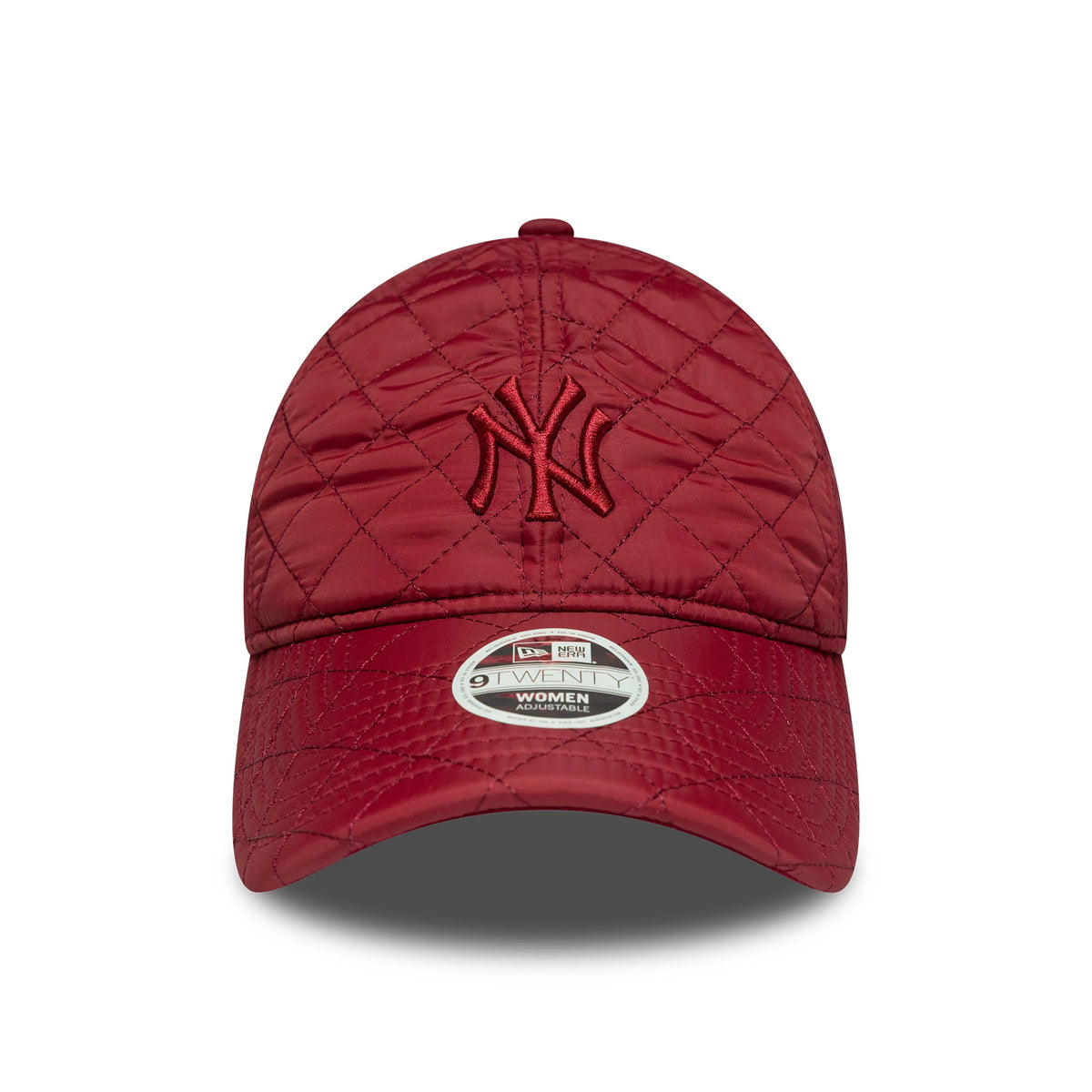 New York Yankees Womens MLB Padded Dark Red New Era 9TWENTY Adjustable Cap, front view showing the quilted fabric design with a raised dark red NY logo on the front panel and a 9TWENTY size sticker on the curved visor.