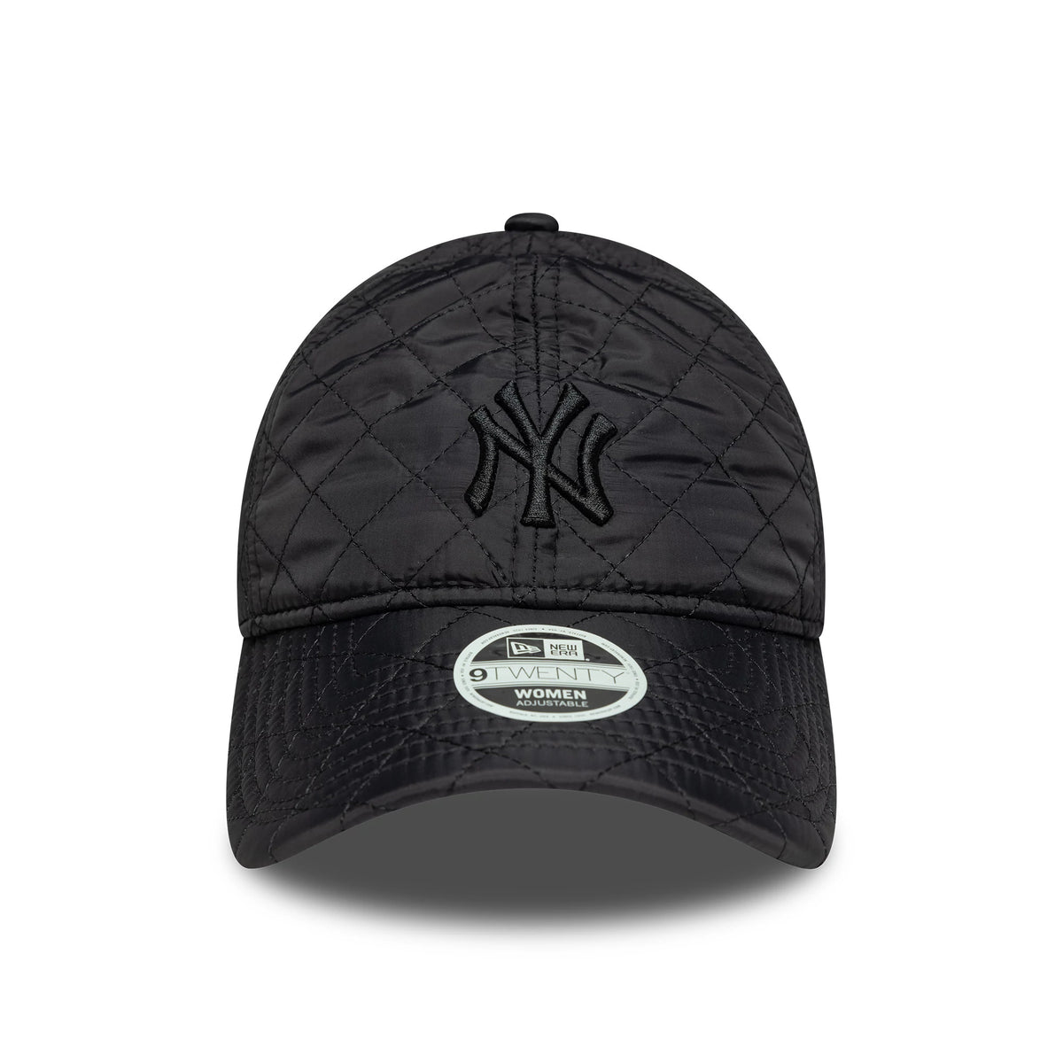 New York Yankees Womens MLB Padded Black New Era 9TWENTY Adjustable Cap, front view showing a black embroidered NY logo on the quilted front panels, with a 9TWENTY size sticker on the black curved visor.