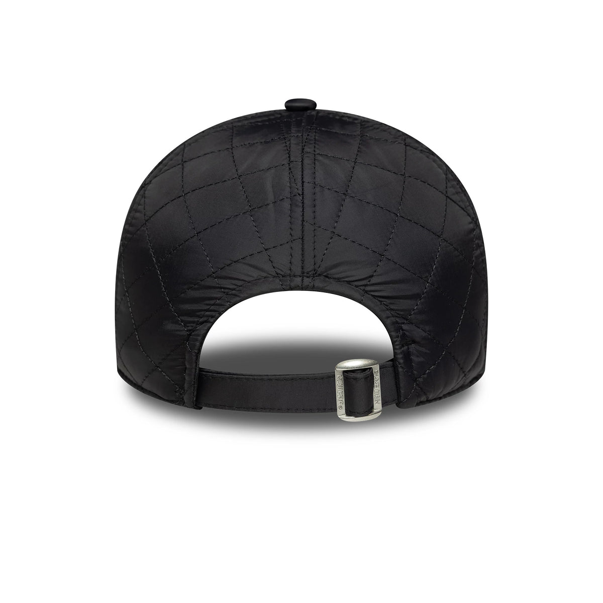 New York Yankees Womens MLB Padded Black New Era 9TWENTY Adjustable Cap, rear view showing a quilted pattern on the black padded panels and an adjustable strap with a buckle at the base.