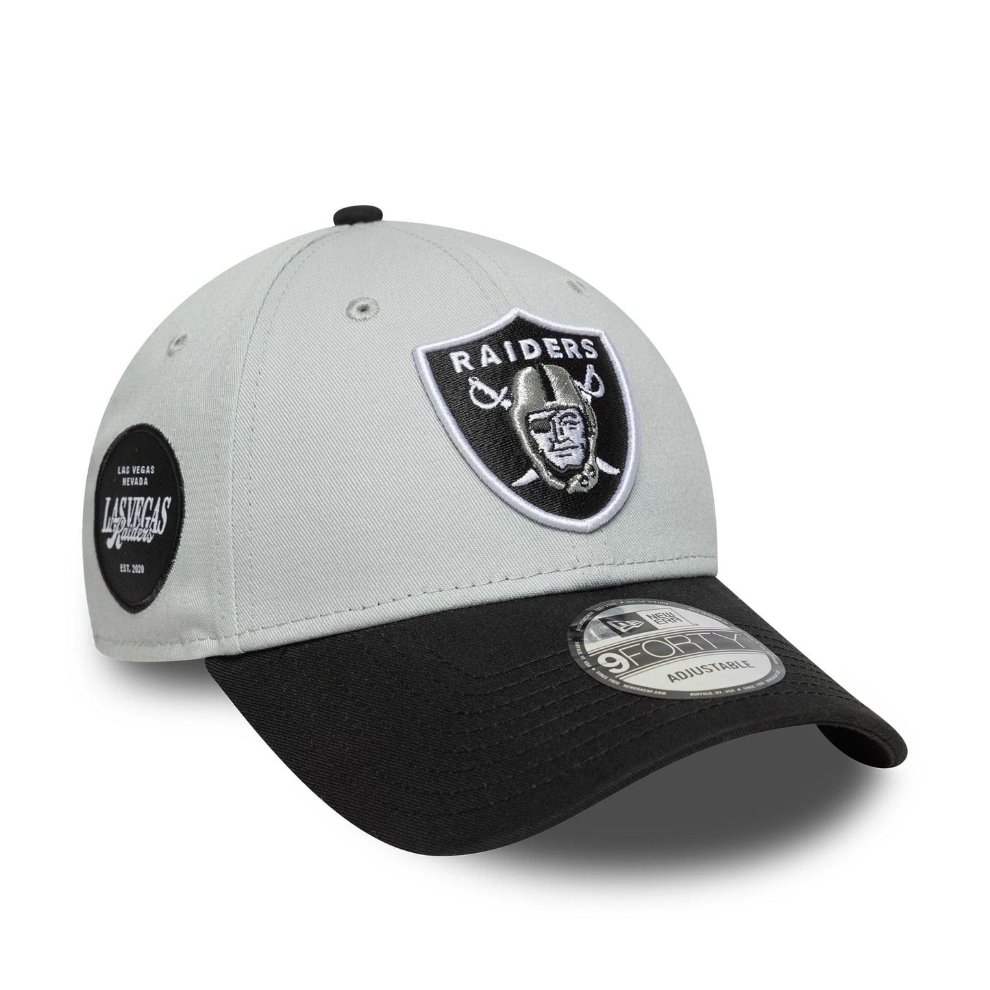 This is a Las Vegas Raiders NFL Sidepatch Grey 9FORTY Adjustable Cap 1