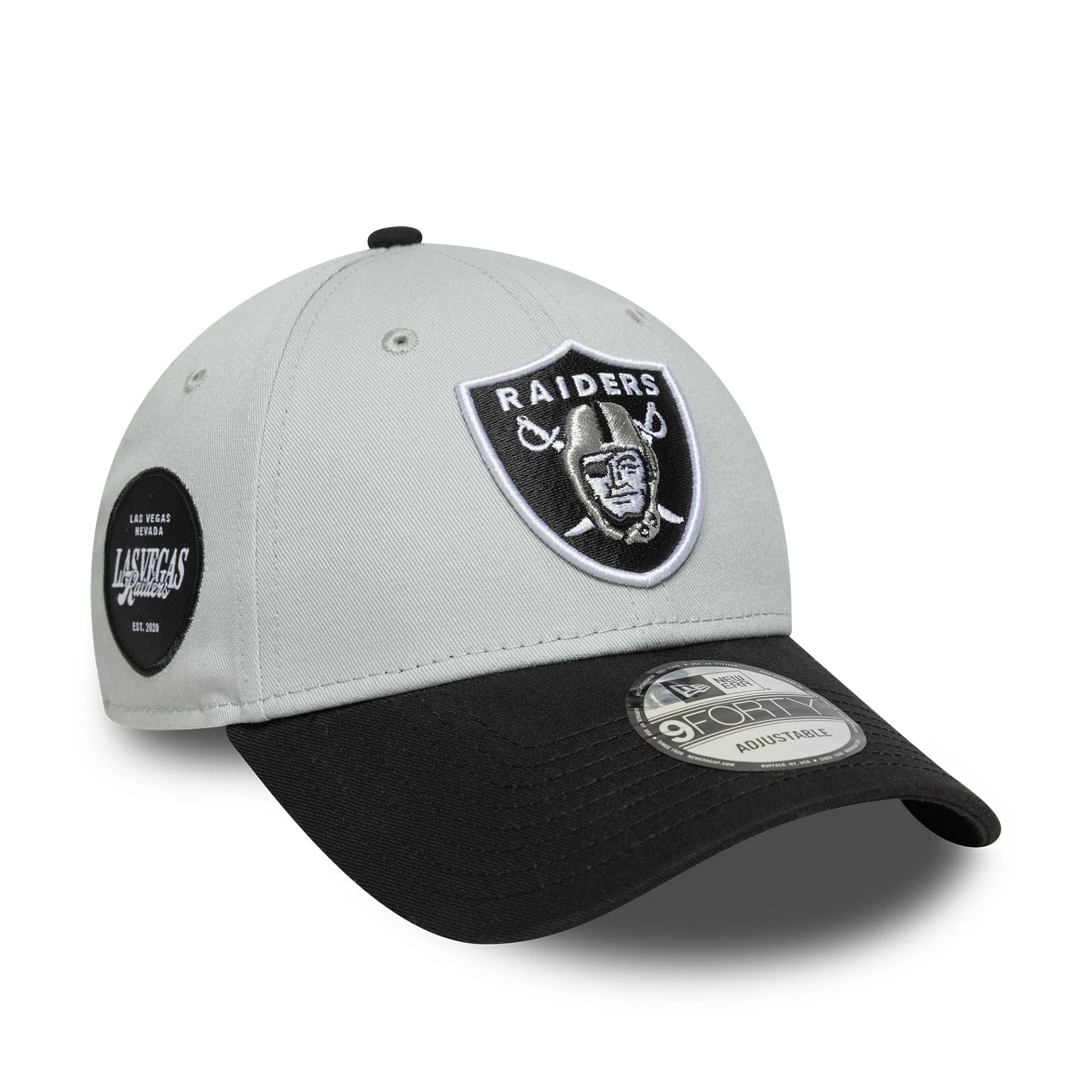 This is a Las Vegas Raiders NFL Sidepatch Grey 9FORTY Adjustable Cap 1