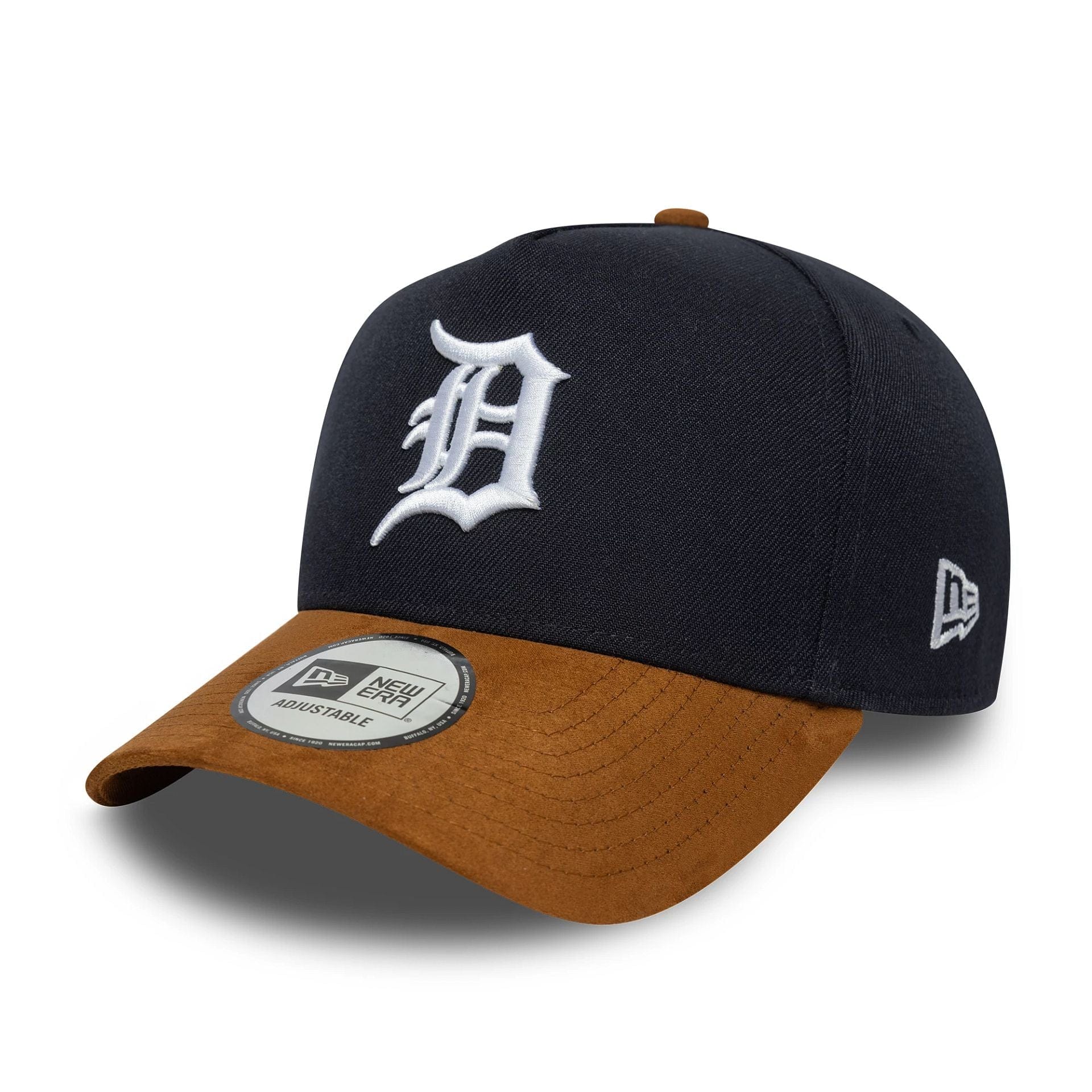 This is a Detroit Tigers MLB Suede Visor Navy 9FORTY E-Frame Adjustable Cap 1