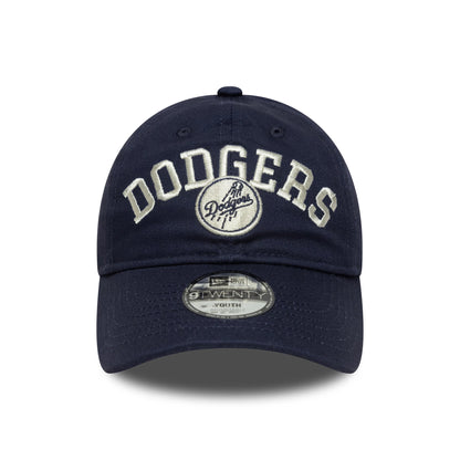 LA Dodgers Youth MLB College Navy New Era 9TWENTY Adjustable Cap, front view showing raised white embroidered Dodgers lettering and white Dodgers baseball logo on the navy crown, with a 9TWENTY size sticker on the curved visor.