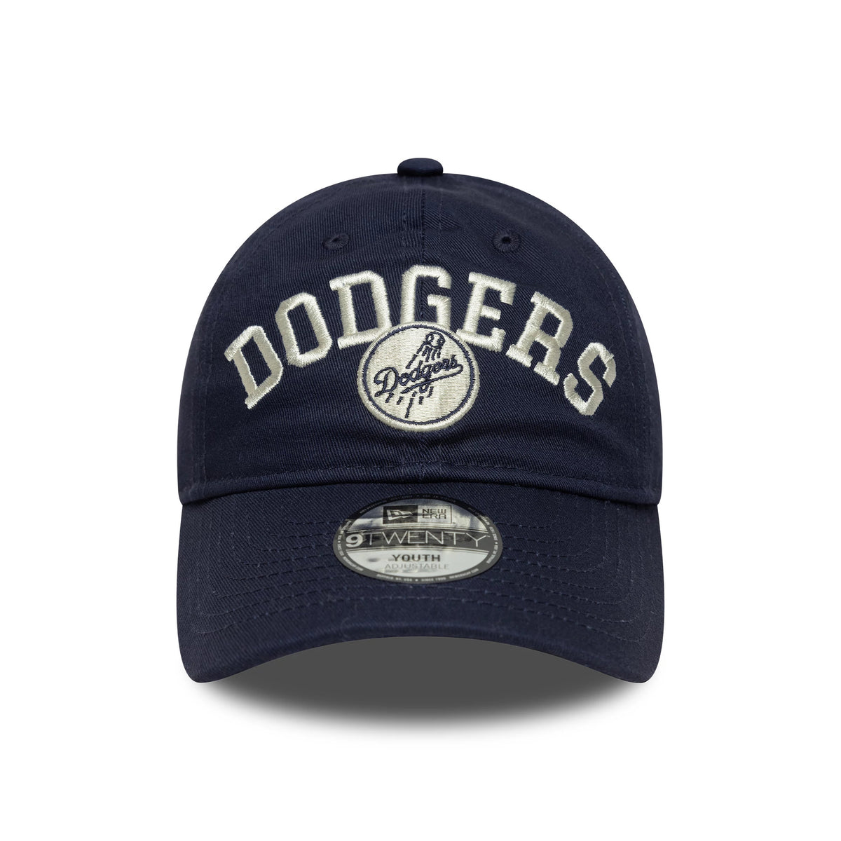 LA Dodgers Youth MLB College Navy New Era 9TWENTY Adjustable Cap, front view showing raised white embroidered Dodgers lettering and white Dodgers baseball logo on the navy crown, with a 9TWENTY size sticker on the curved visor.