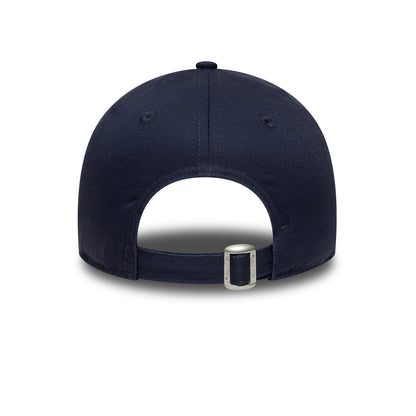 LA Dodgers Youth MLB College Navy New Era 9TWENTY Adjustable Cap, rear view showing the open back with adjustable strap and buckle, complemented by a structured navy crown and a top button.