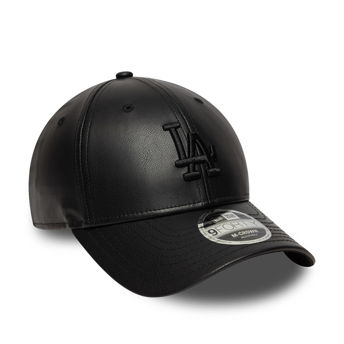 LA Dodgers MLB PU Black New Era 9FORTY M-Crown Adjustable Cap, three-quarter view showing the black raised embroidered LA logo on the front panel and a 9FORTY size sticker on the black curved visor.