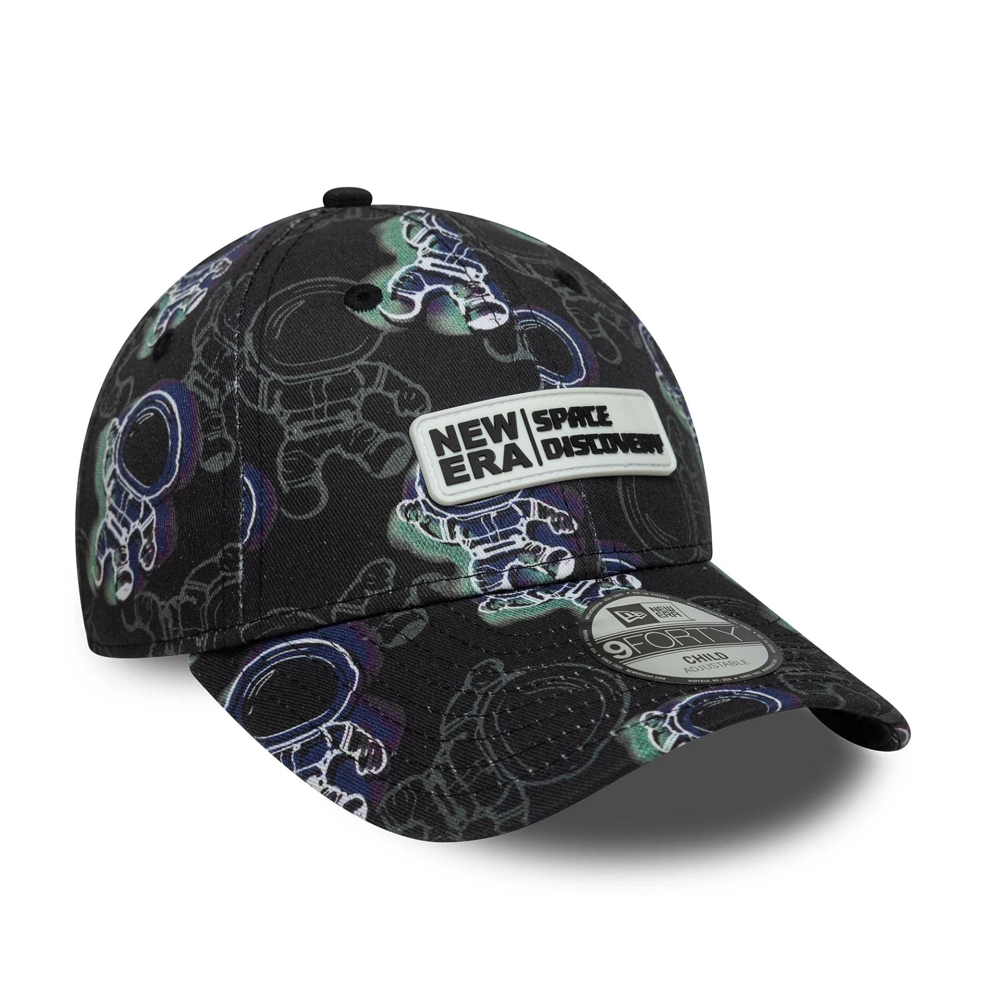 This is a  Child New Era Space All Over Print Black 9FORTY Adjustable Cap 3