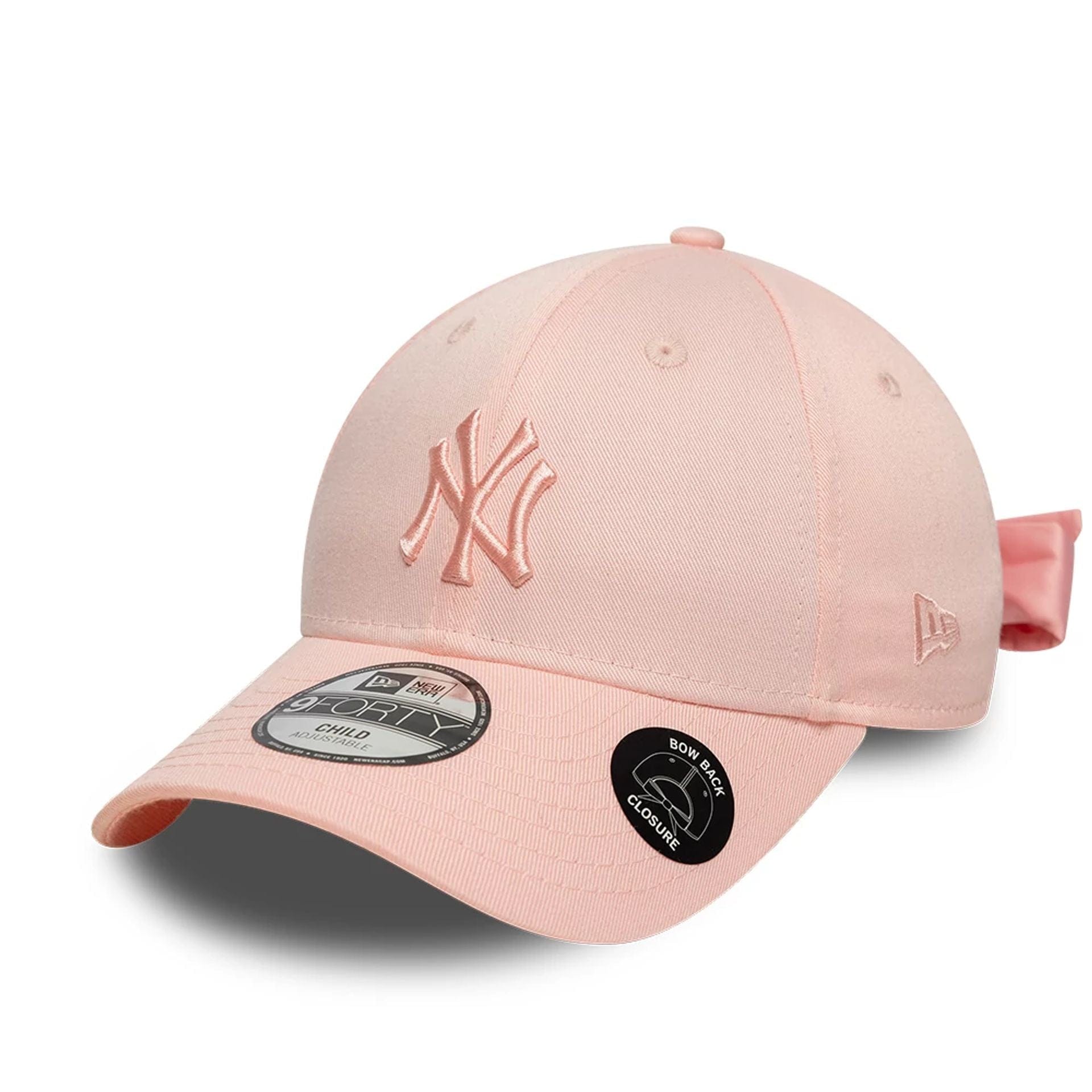 This is a New York Yankees Youth MLB Bow Back Pastel Pink 9FORTY Adjustable Cap 1