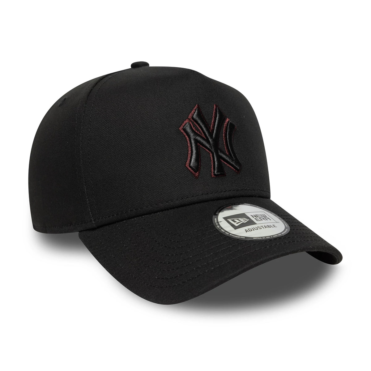 New York Yankees MLB Team Outline Black New Era 9FORTY E-Frame Adjustable Cap, three-quarter view showing a black raised embroidered NY logo with a red outline on the front panel, curved black visor, and a 9FORTY size sticker.