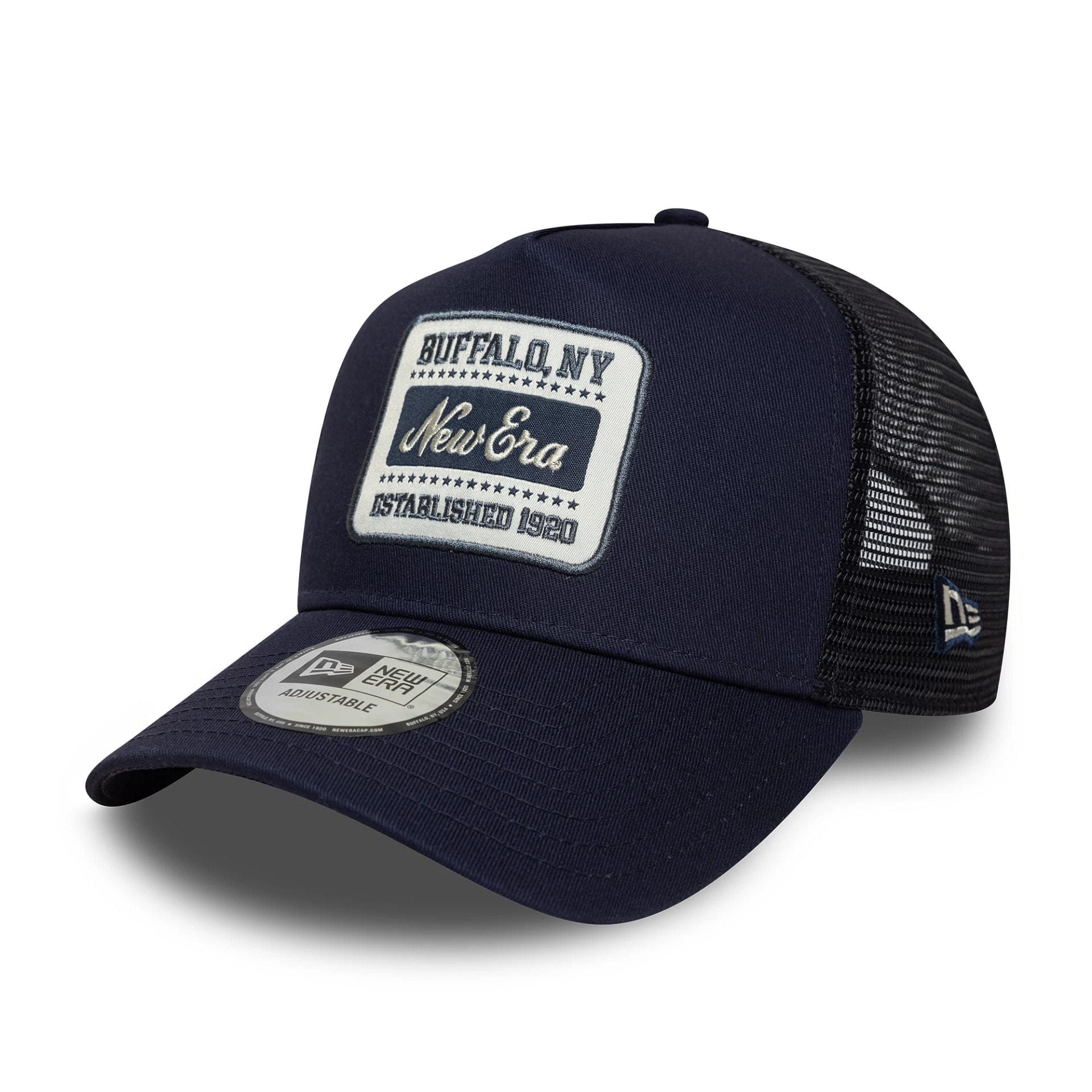 This is a  New Era Patch Navy 9FORTY A-Frame Trucker Adjustable Cap 1