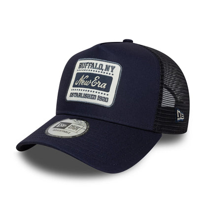 This is a  New Era Patch Navy 9FORTY A-Frame Trucker Adjustable Cap 1