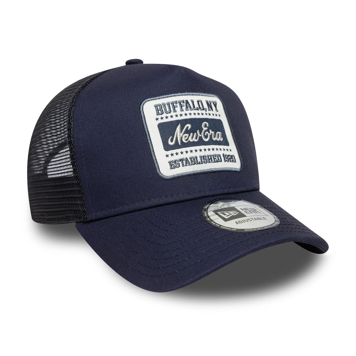 This is a  New Era Patch Navy 9FORTY A-Frame Trucker Adjustable Cap 3