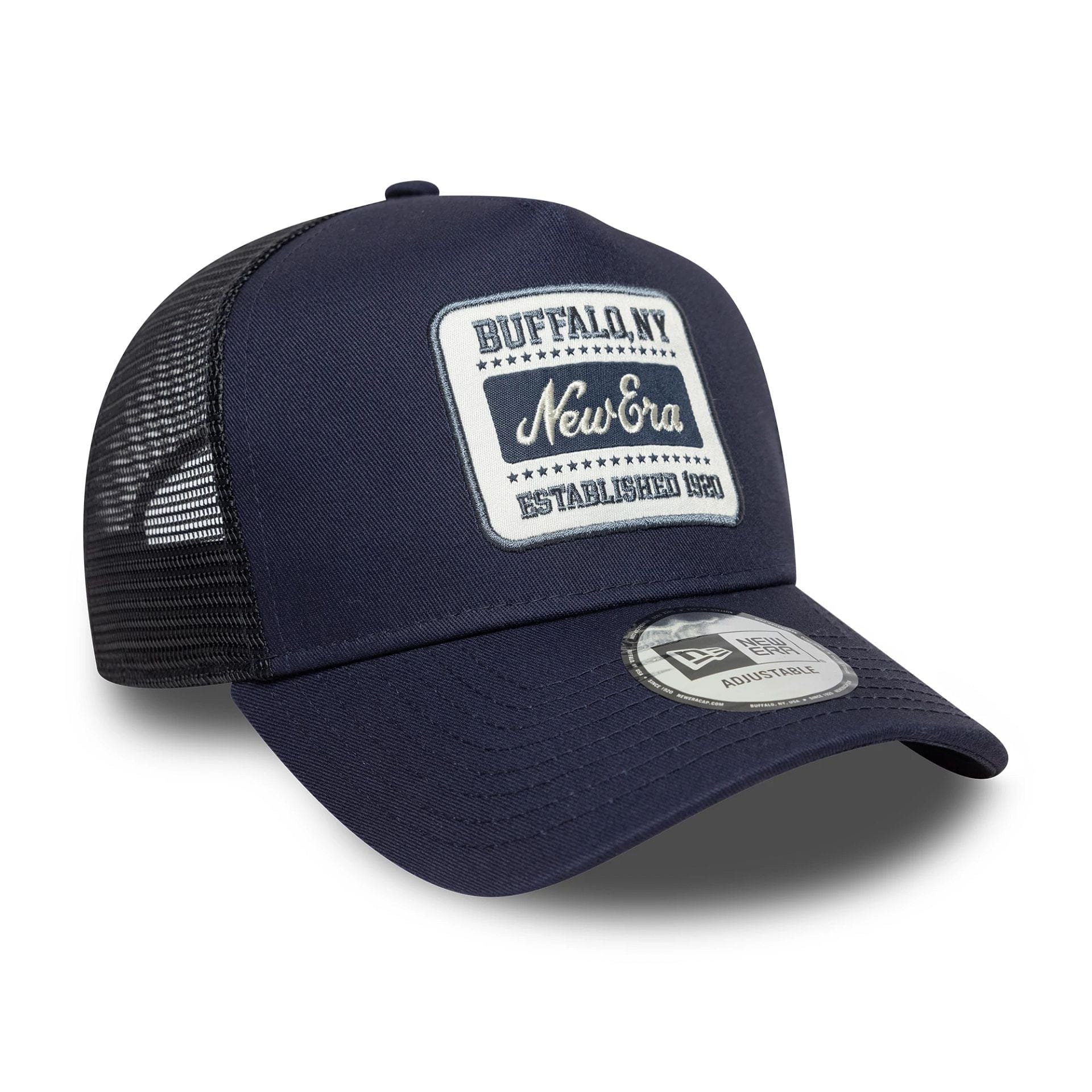 This is a  New Era Patch Navy 9FORTY A-Frame Trucker Adjustable Cap 3