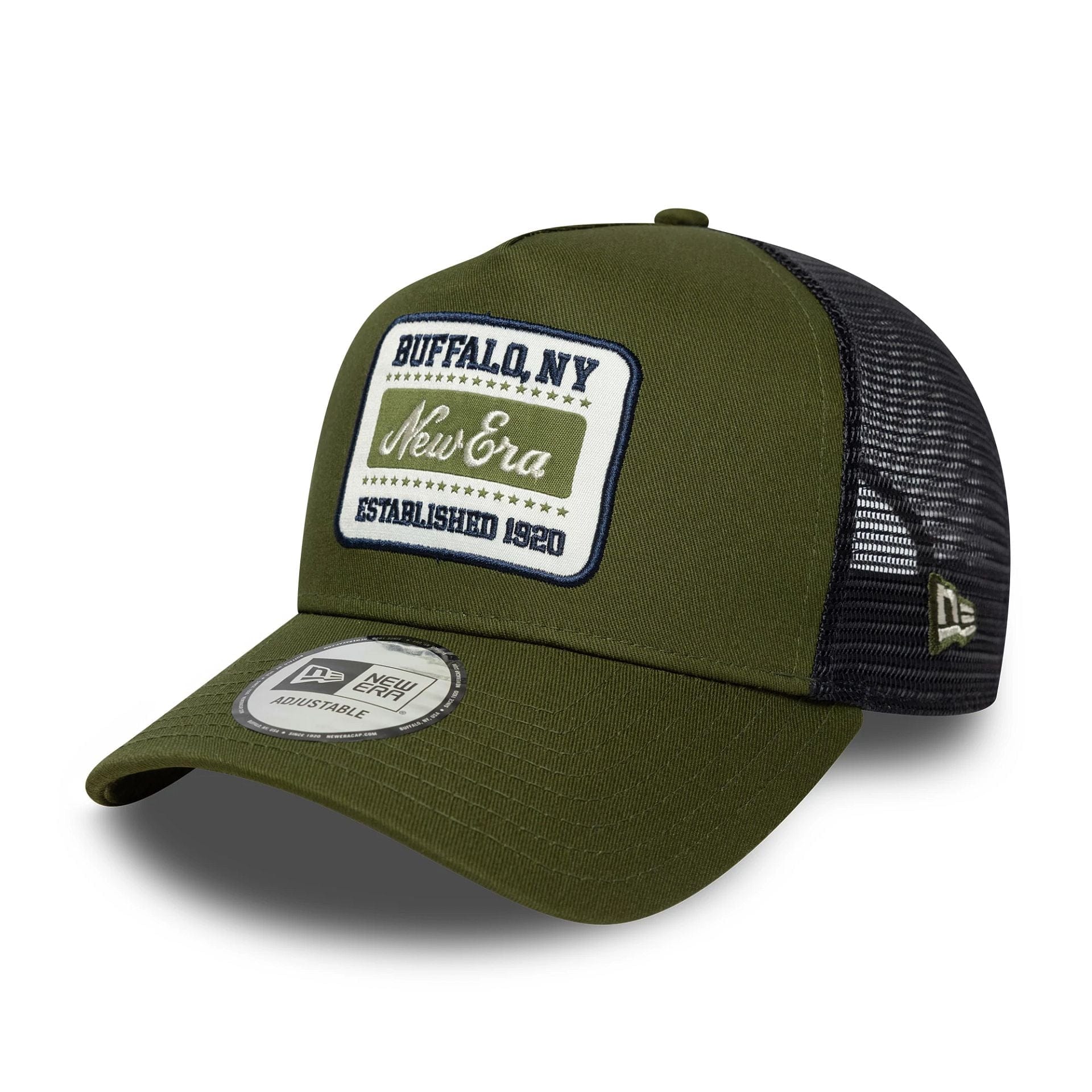 This is a New Era Patch Dark Green 9FORTY A-Frame Trucker Adjustable Cap 1