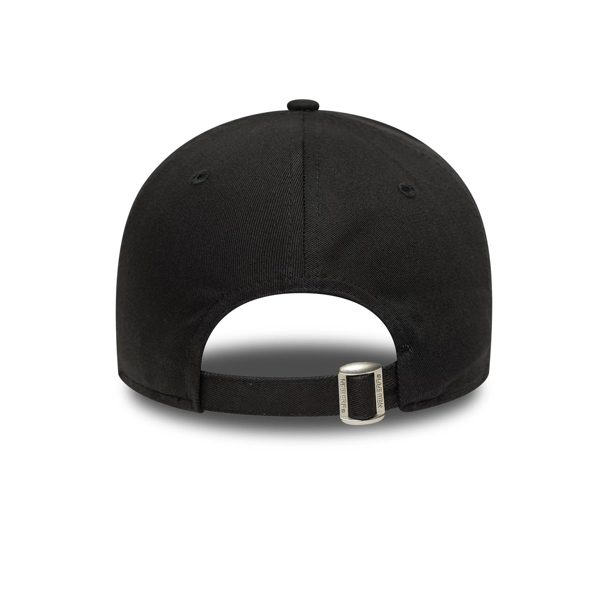 New York Yankees MLB Team Outline Black New Era 9FORTY Adjustable Cap, rear view showing the black fabric strap with a silver buckle, set on the structured black crown with the New Era logo on the clasp.