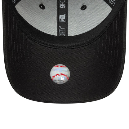 New York Yankees MLB Team Outline Black New Era 9FORTY Adjustable Cap, inside view showing the black sweatband, grey taping with white 9FORTY branding, and a round MLB holographic sticker on the underside of the black curved visor.