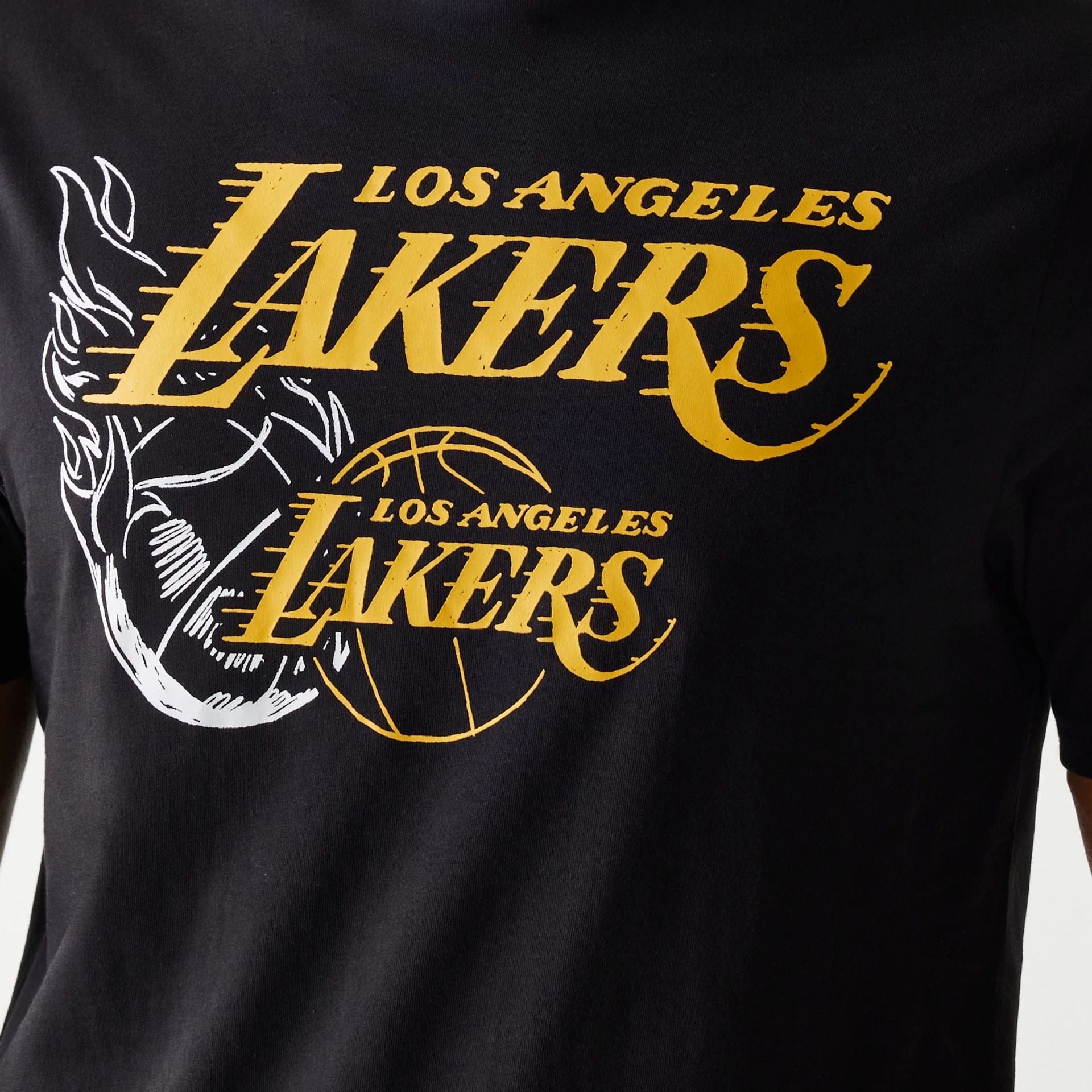The Male model is wearing LA Lakers NBA Flame Graphic Black T-Shirt 4