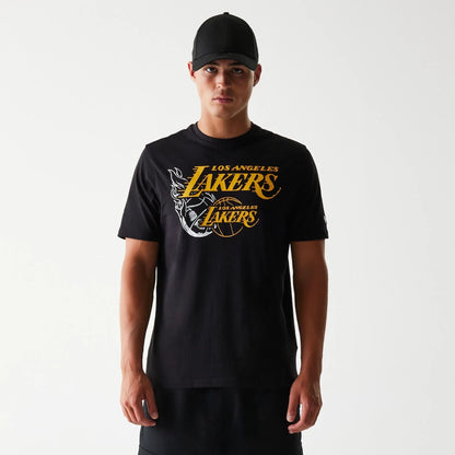 The Male model is wearing LA Lakers NBA Flame Graphic Black T-Shirt 1