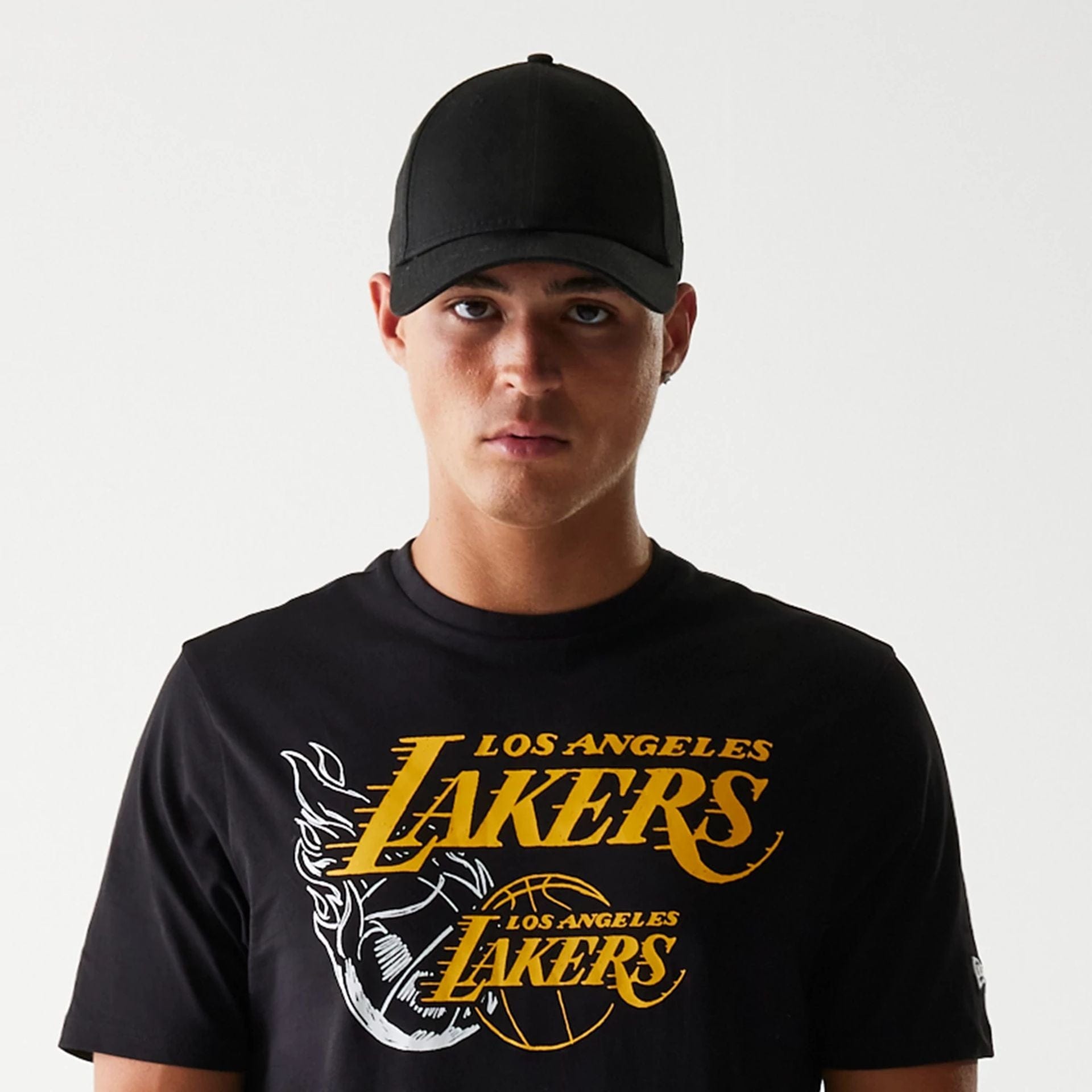 The Male model is wearing LA Lakers NBA Flame Graphic Black T-Shirt 6