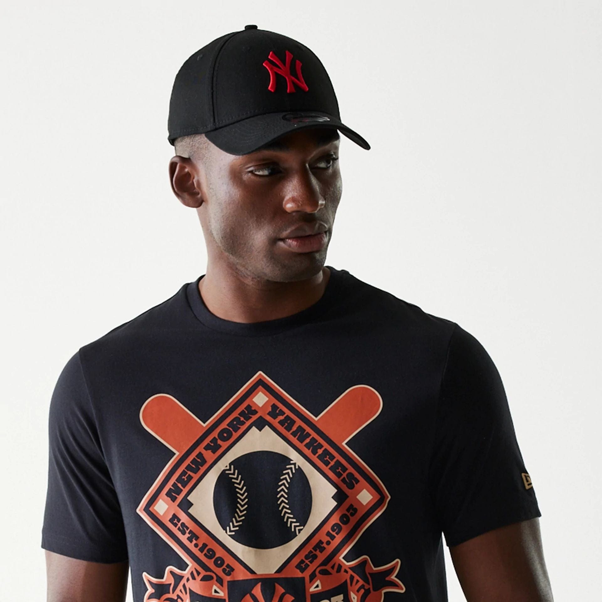 The Male model is wearing New York Yankees MLB Baseball Graphic Black T-Shirt 5