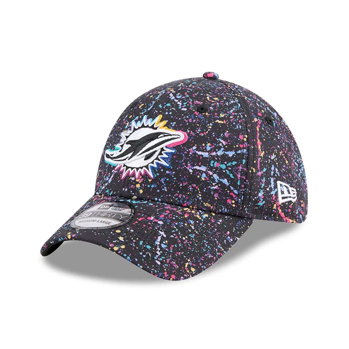 This is a Miami Dolphins NFL Crucial Catch 2025 Black 39THIRTY Stretch Fit Cap 3