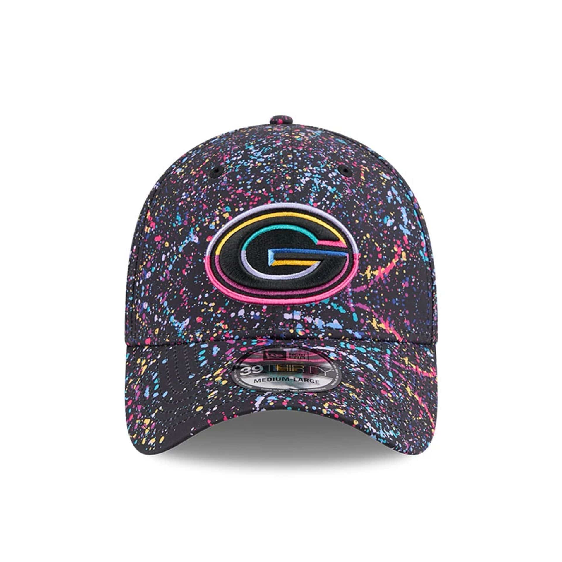 This is a Green Bay Packers NFL Crucial Catch 2025 Black 39THIRTY Stretch Fit Cap 2