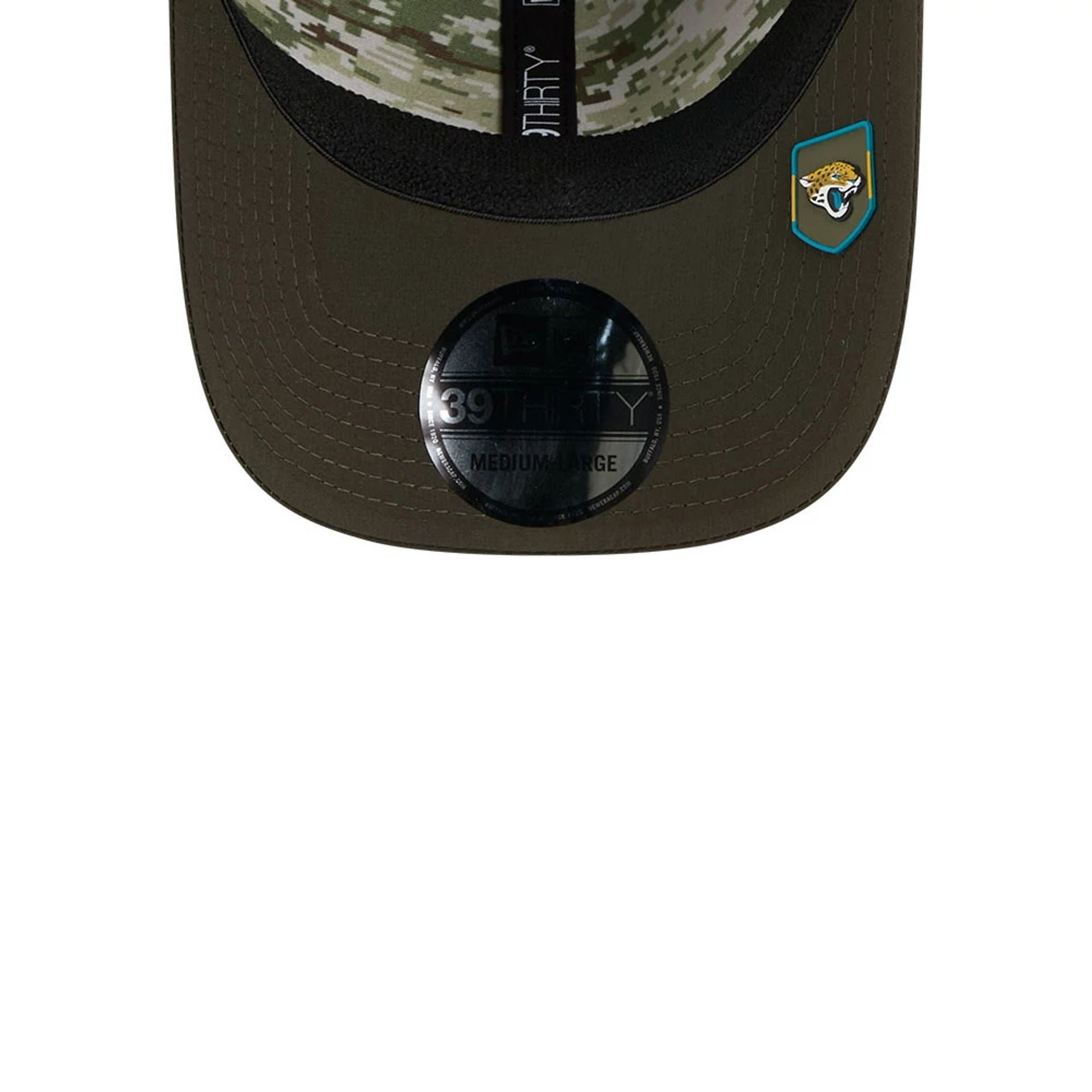 This is a Jacksonville Jaguars NFL Salute To Service 2025 Dark Green 39THIRTY Stretch Fit Cap 5