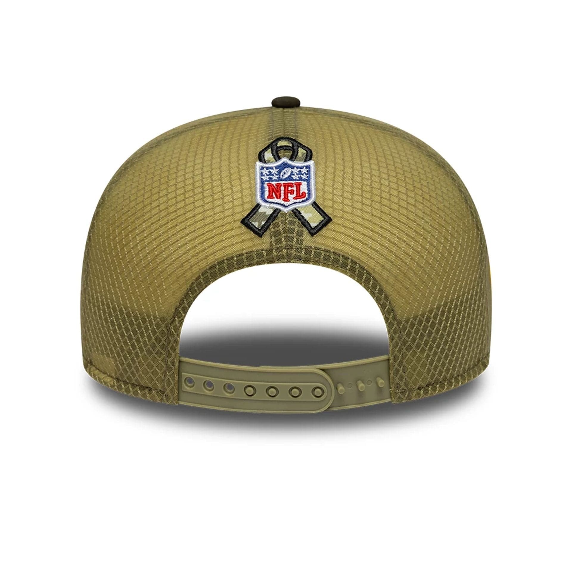 This is a Cleveland Browns NFL Salute To Service 2025 Dark Green 9FIFTY Split Panel Snapback Adjustable Cap 5