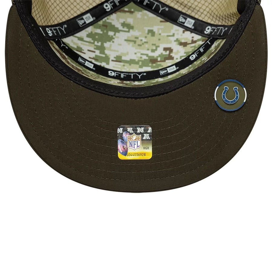 This is a Indianapolis Colts NFL Salute To Service 2025 Dark Green 9FIFTY Split Panel Snapback Adjustable Cap 2