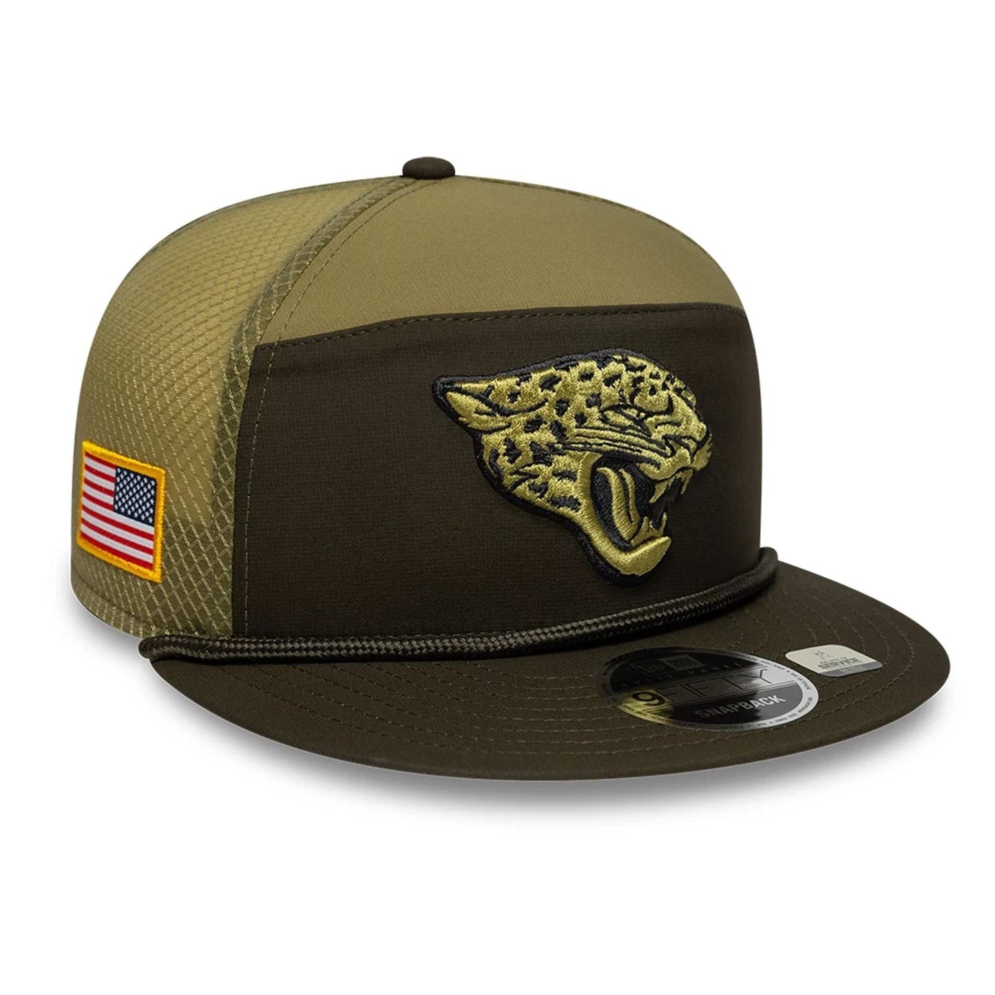 This is a Jacksonville Jaguars NFL Salute To Service 2025 Dark Green 9FIFTY Split Panel Snapback Adjustable Cap 1
