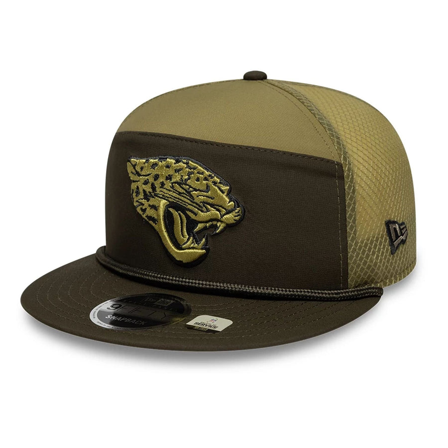 This is a Jacksonville Jaguars NFL Salute To Service 2025 Dark Green 9FIFTY Split Panel Snapback Adjustable Cap 4