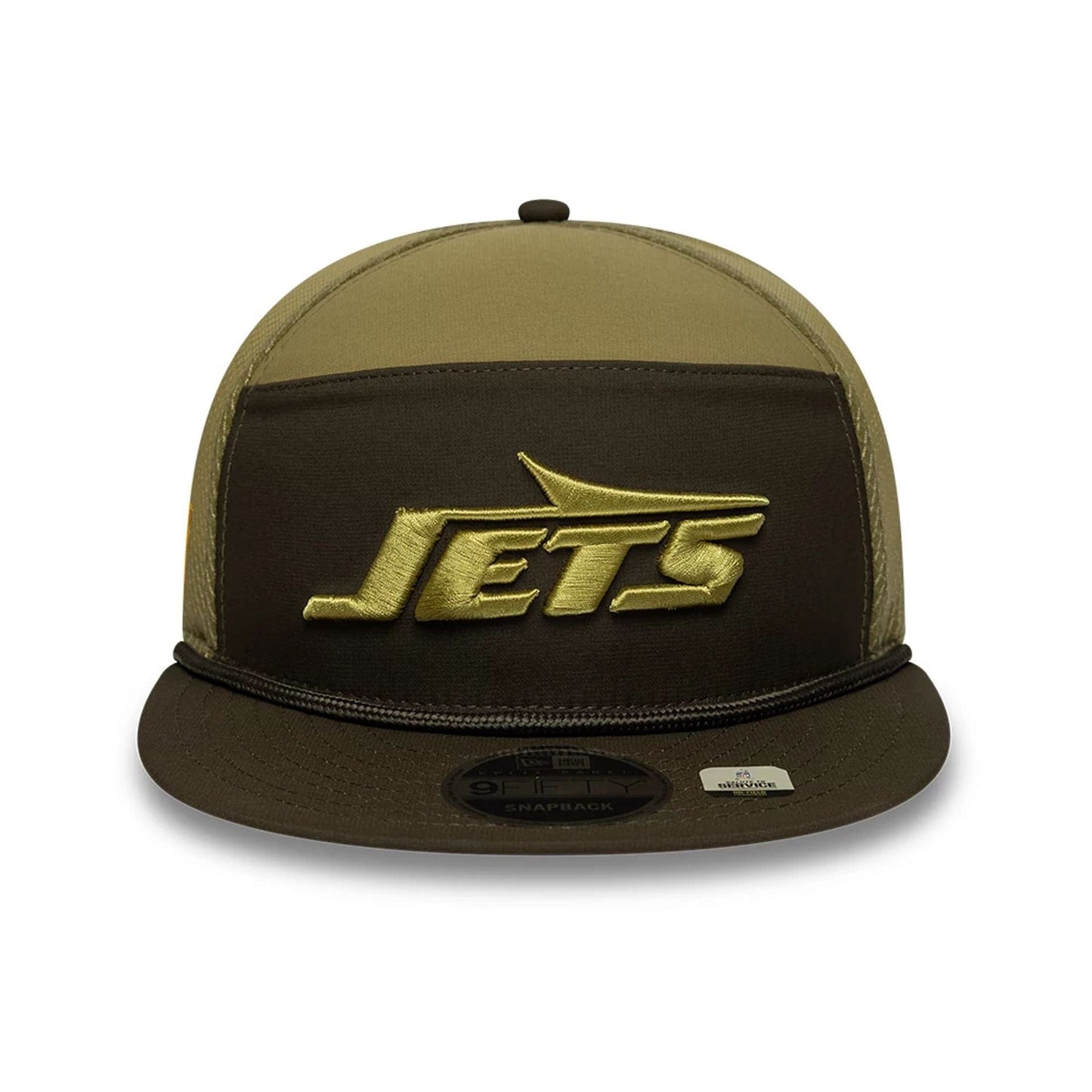 This is a New York Jets NFL Salute To Service 2025 Dark Green 9FIFTY Split Panel Snapback Adjustable Cap 3