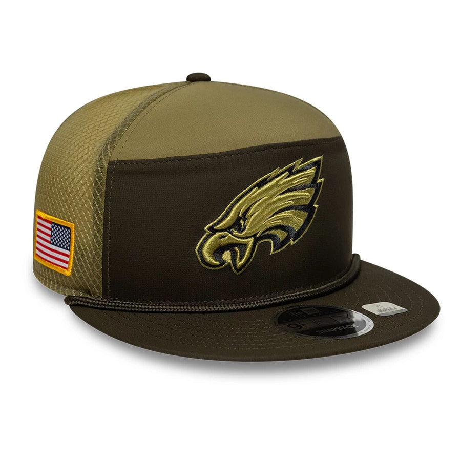 This is a Philadelphia Eagles NFL Salute To Service 2025 Dark Green 9FIFTY Split Panel Snapback Adjustable Cap 1