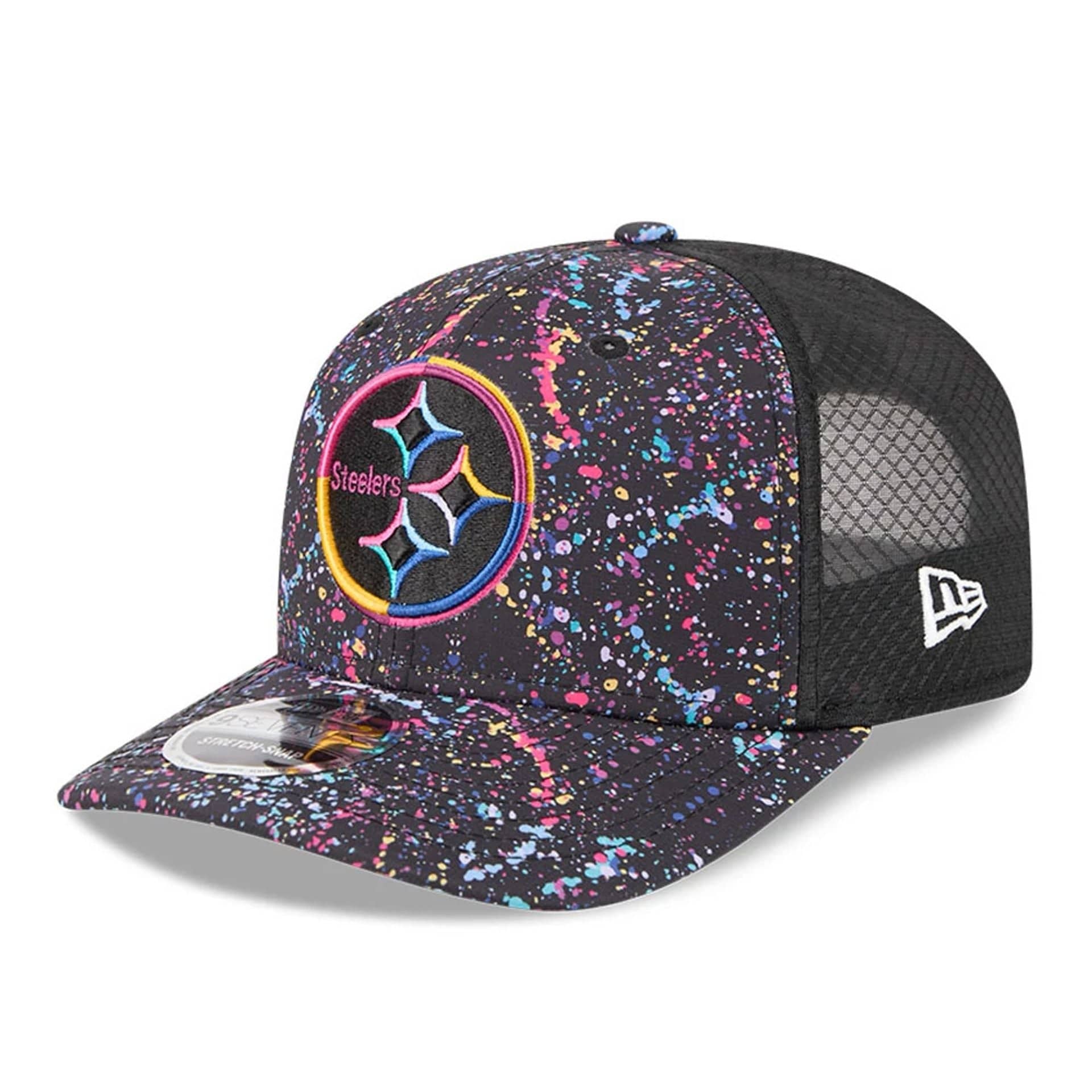 This is a Pittsburgh Steelers NFL Crucial Catch 2025 Black 9SEVENTY Stretch Snap Adjustable Cap 3