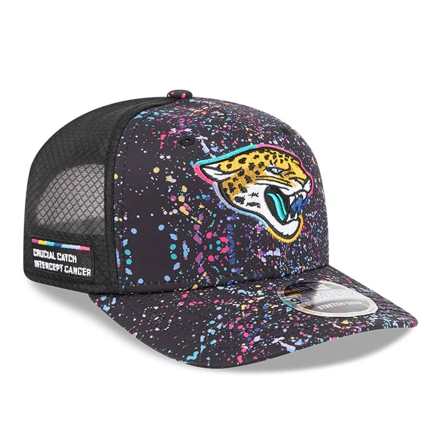 This is a Jacksonville Jaguars NFL Crucial Catch 2025 Black 9SEVENTY Stretch Snap Adjustable Cap 1