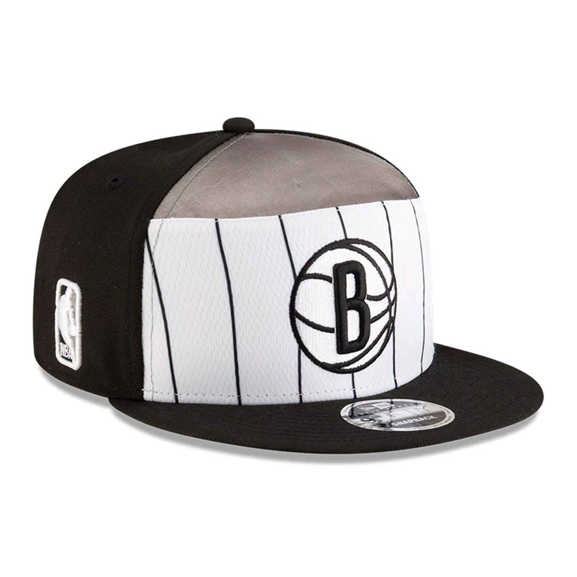 This is a Brooklyn Nets NBA Tip Off 2025 Black 9FIFTY Split Panel Snapback Adjustable Cap 1