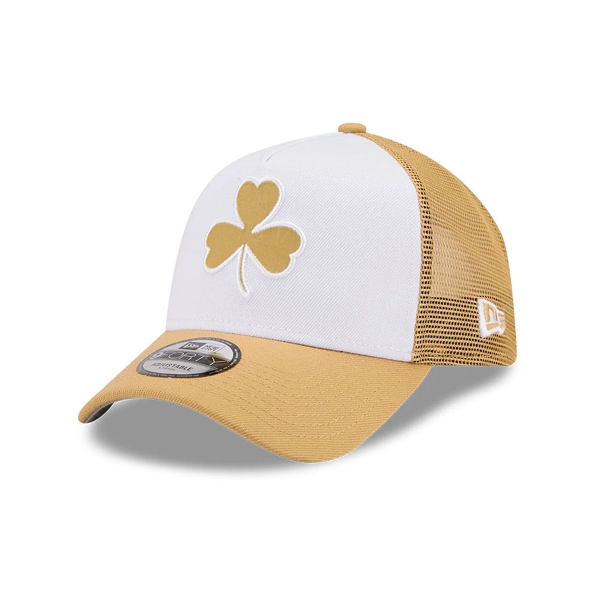 This is a Boston Celtics NBA City Edition Yellow 9FORTY A-Frame Trucker Adjustable Cap 4