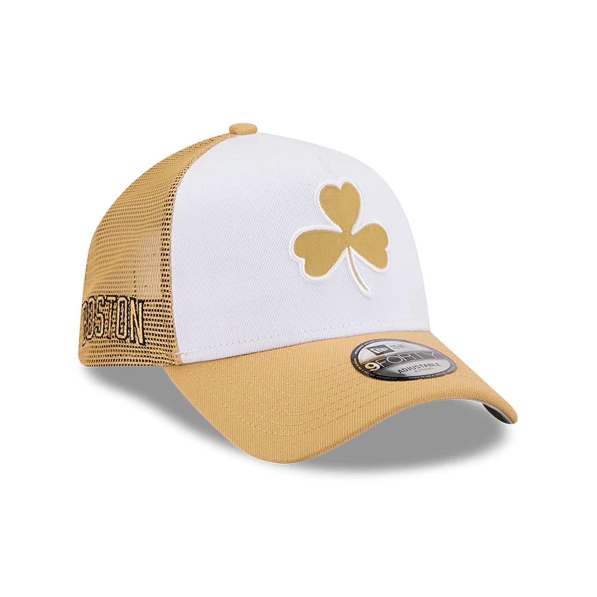 This is a Boston Celtics NBA City Edition Yellow 9FORTY A-Frame Trucker Adjustable Cap 1