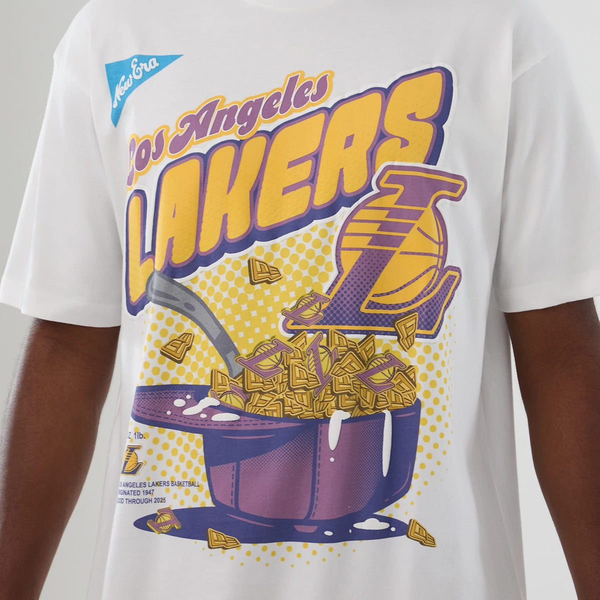 The Male model is wearing LA Lakers NBA Lifestyle Graphic White T-Shirt 4