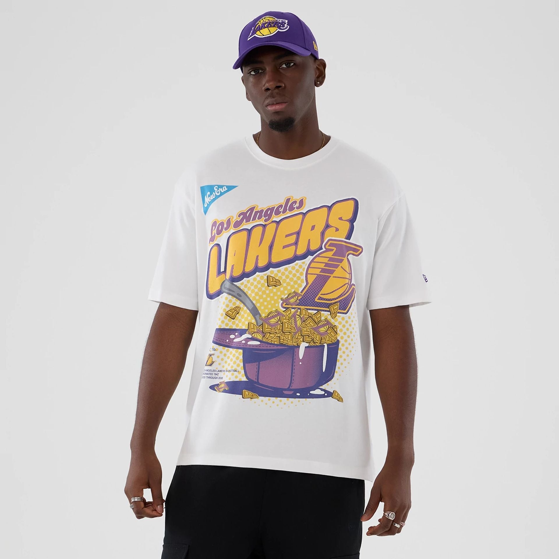 The Male model is wearing LA Lakers NBA Lifestyle Graphic White T-Shirt  1